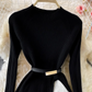 Temperament black long-sleeved fake two-piece knitted pleated dress 2025 elegant long skirt R0366