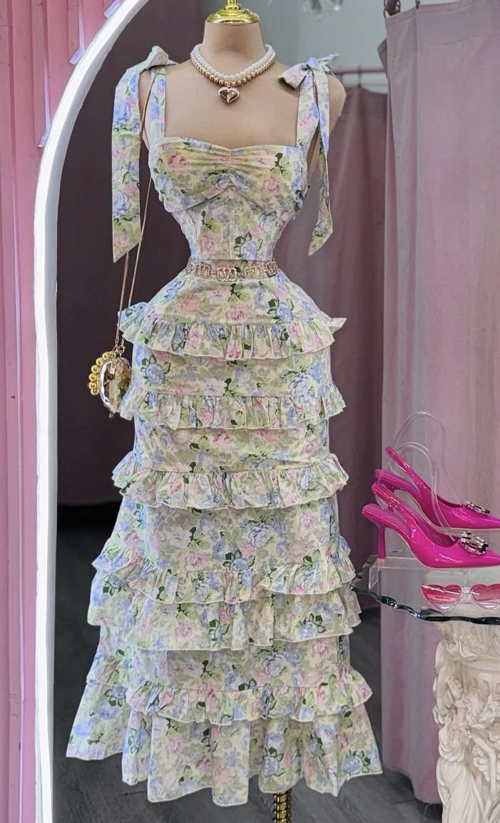 Fresh floral sling tie waist slim cake long skirt homecoming dress R3504