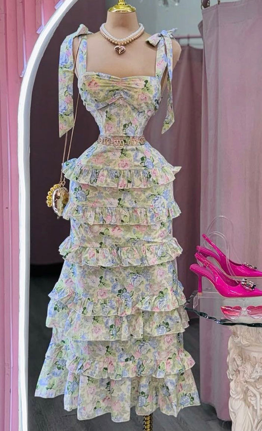 Fresh floral sling tie waist slim cake long skirt homecoming dress R3504