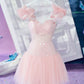 Pink girly bow suspenders waist slimming A-line short skirt homecoming dress R3360