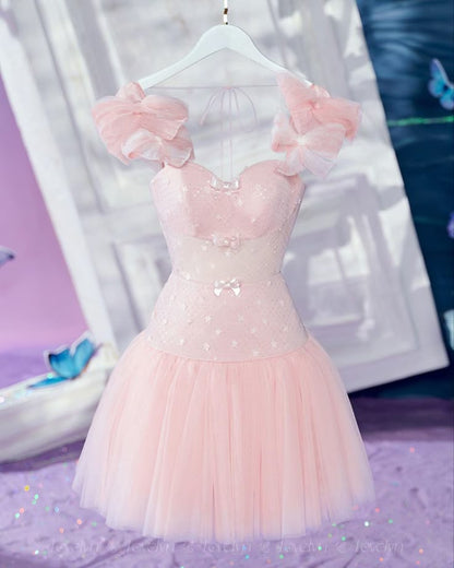 Pink girly bow suspenders waist slimming A-line short skirt homecoming dress R3360