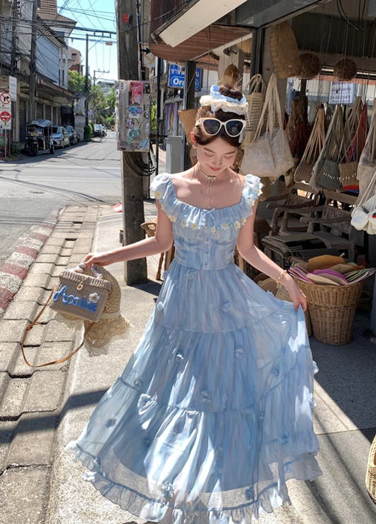 Blue long chiffon printed small flying sleeve suspender dress summer French sweet slim skirt R4616