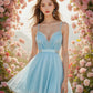 Light blue suspenders low-cut sexy waist slim short skirt homecoming dress R3770