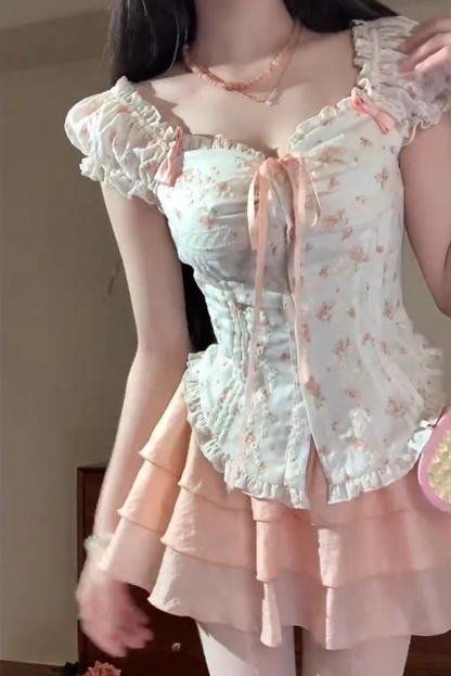 Sweet design strappy floral waist top 2025 pure desire A-line cake skirt suit R1230