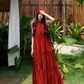 Travel wear red long skirt loose slim print skirt island vacation halter dress R1762