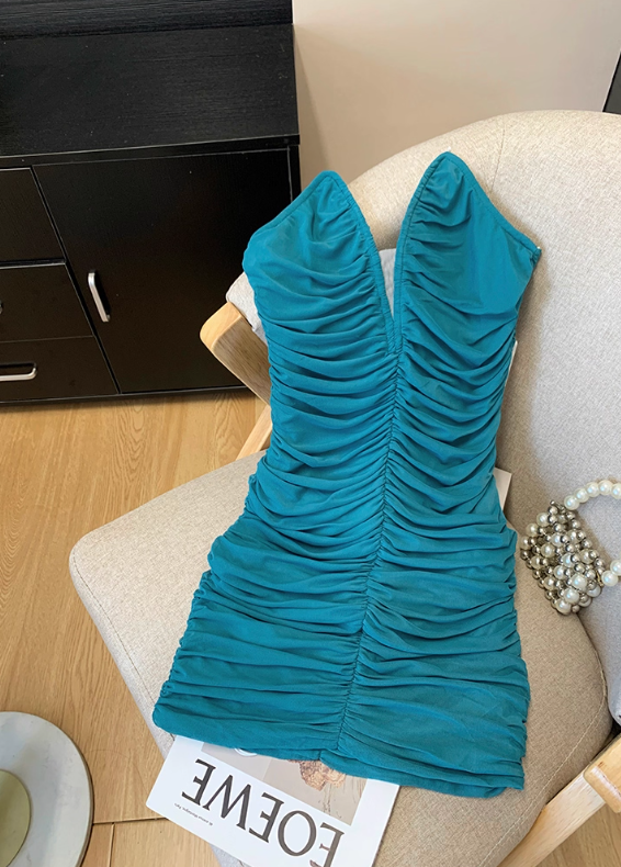 Green rich lady v-neck tube top dress female temperament dress backless sexy short hip skirt R3950