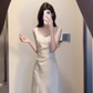 French high-grade satin suspender dress cool and elegant waist-length slit banquet dress for summer R0417