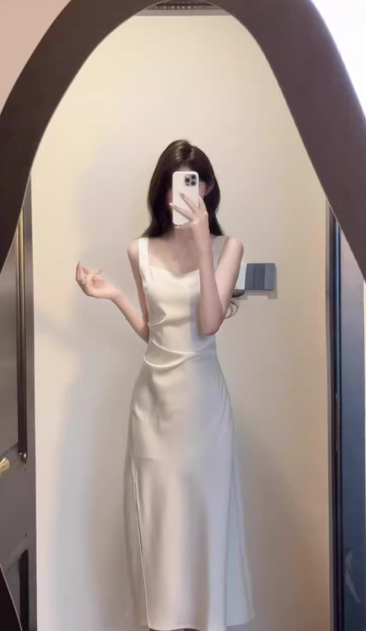 French high-grade satin suspender dress cool and elegant waist-length slit banquet dress for summer R0417