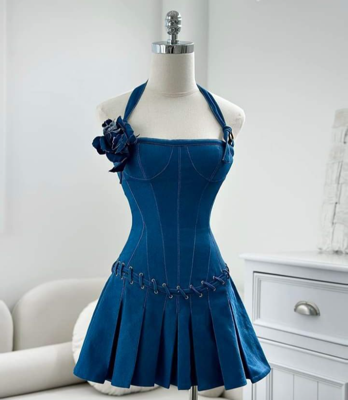 Blue halter neck suspenders slim waist A-line pleated short skirt homecoming dress R3403