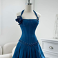Blue halter neck suspenders slim waist A-line pleated short skirt homecoming dress R3403