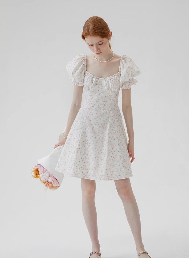 Jasmine French floral dress small fresh sweet puff sleeve short skirt R2763