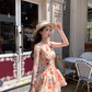 Printed waist suspender dress French retro skirt R4947