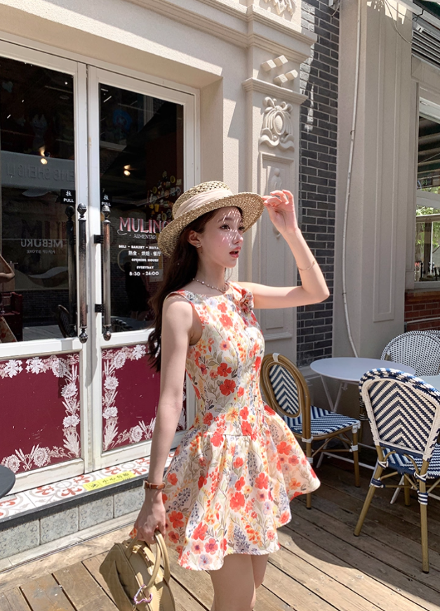 Printed waist suspender dress French retro skirt R4947