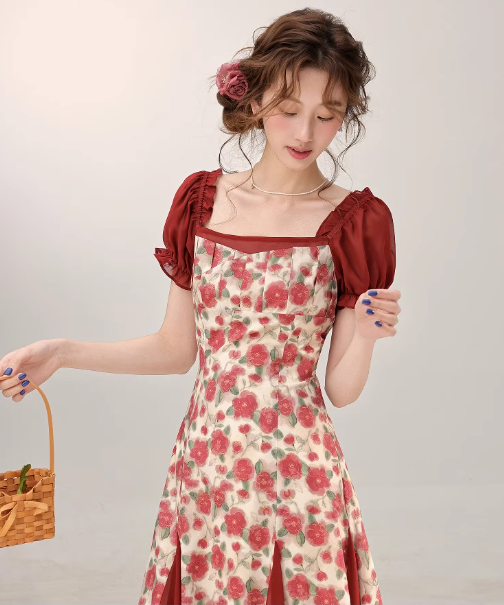 2025 summer new French retro red dress beautiful floral dress R1929