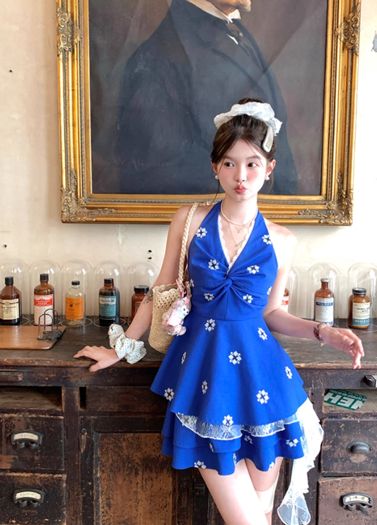 Short V-neck halter neck embroidered top high waist A-line skirt suit for women summer R4868