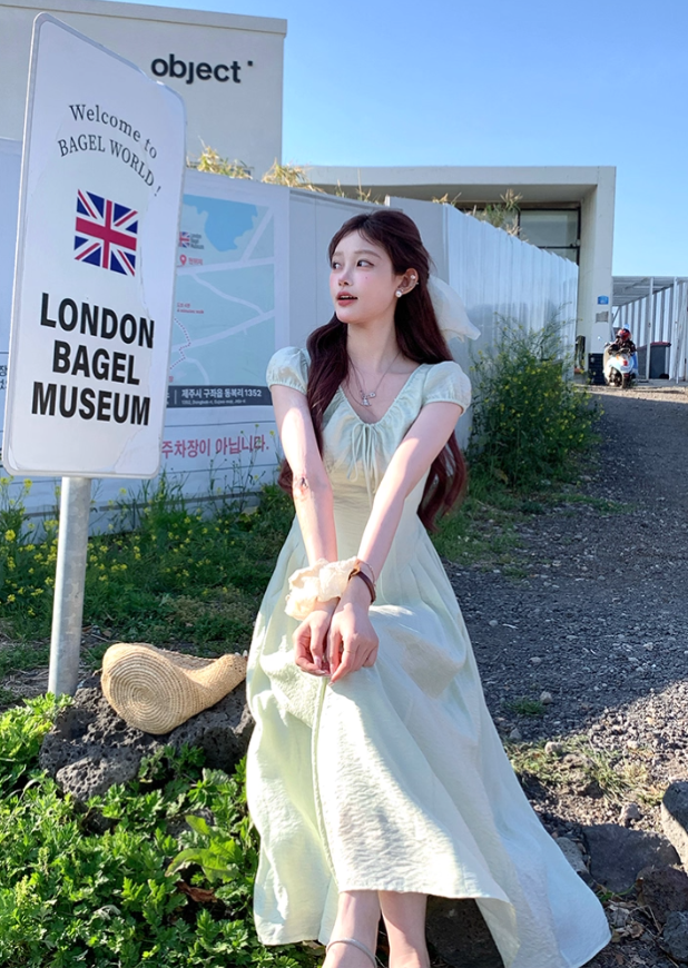 Green long v-neck short-sleeved dress women's summer loose slim temperament skirt R4832