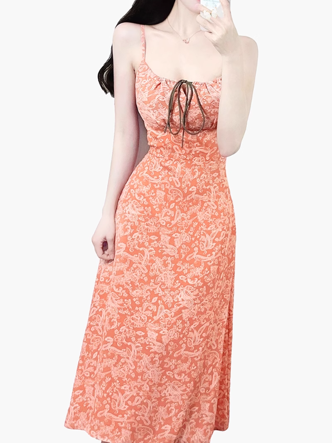 2025 Summer New Retro Cashew Printed Backless French Long Suspender Dress R0967