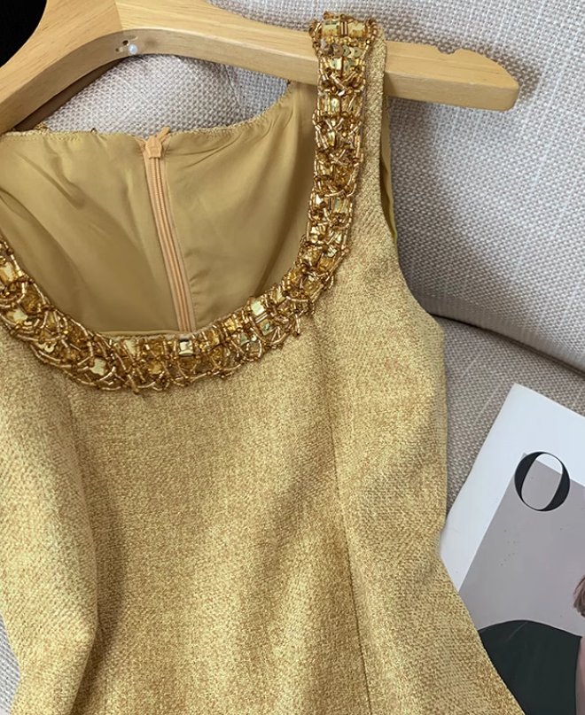 French style Chanel style vest dress new style waist slimming beaded temperament short skirt R3949