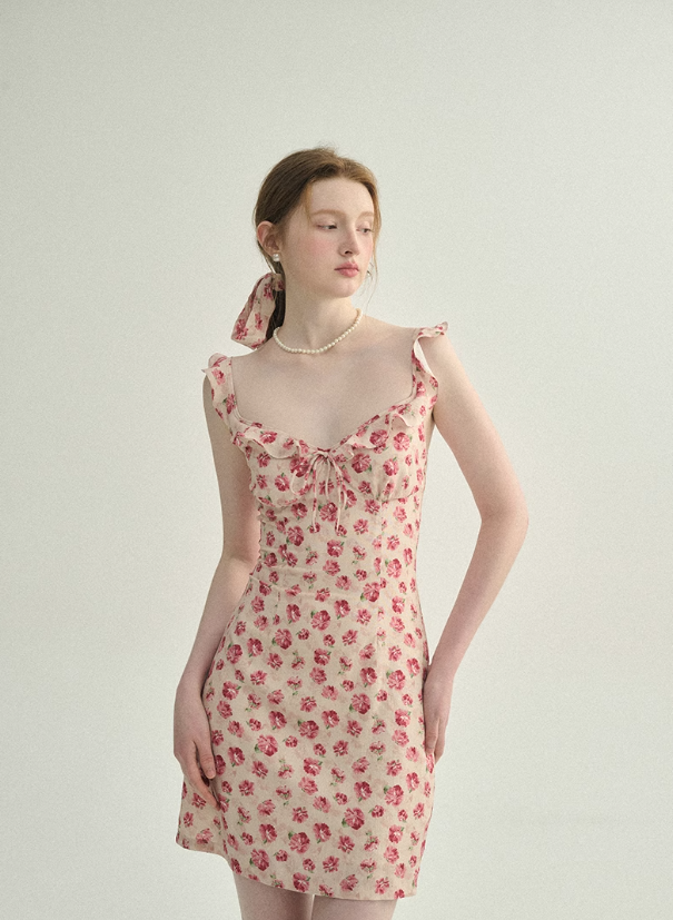 Floral dress pink short skirt French style high-end suspender skirt petite short skirt for women R3463