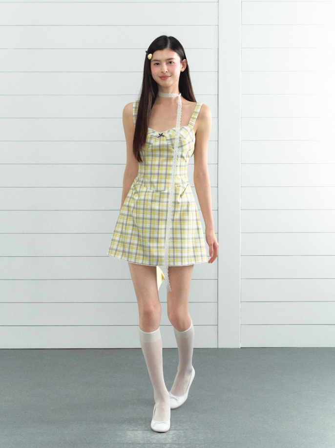 Plaid sweet girl style vest dress female summer A-line French slim suspender skirt R3336