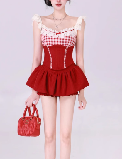 Sweet and spicy design lace plaid suspender top 2025 pure desire style skirt suit R1175