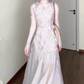 Purple mesh jacquard vest dress temperament waist A-line long skirt R0733
