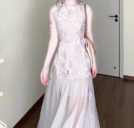 Purple mesh jacquard vest dress temperament waist A-line long skirt R0733