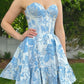 Blue printed tube top waist skirt homecoming dress R3695