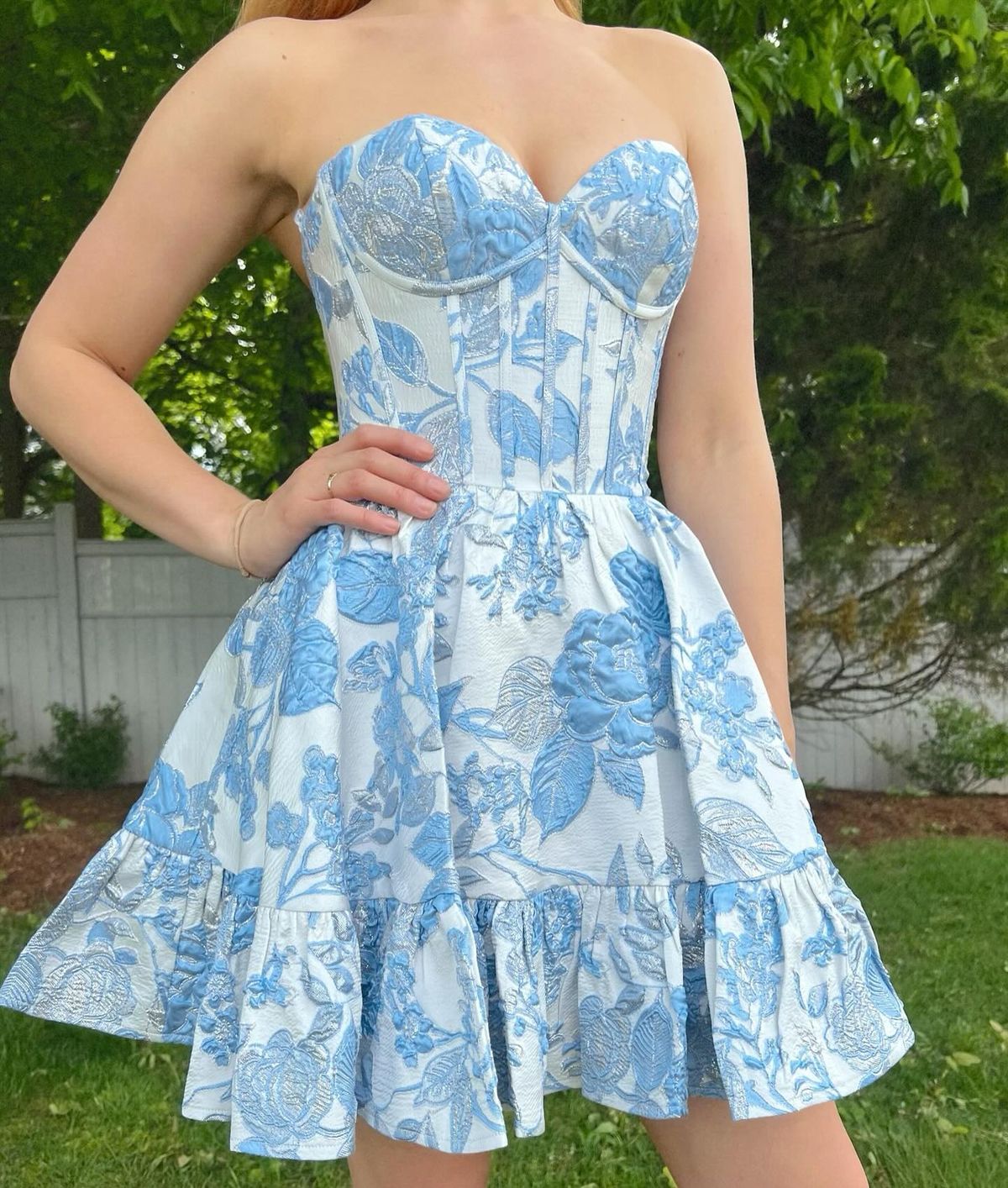 Blue printed tube top waist skirt homecoming dress R3695
