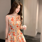 Women's summer French retro printed waist suspender dress R4824