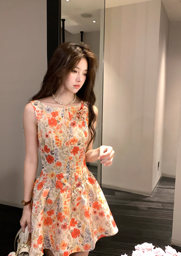 Women's summer French retro printed waist suspender dress R4824