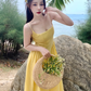 Yellow backless strappy suspender sexy dress seaside holiday long dress waist beach dress R1615