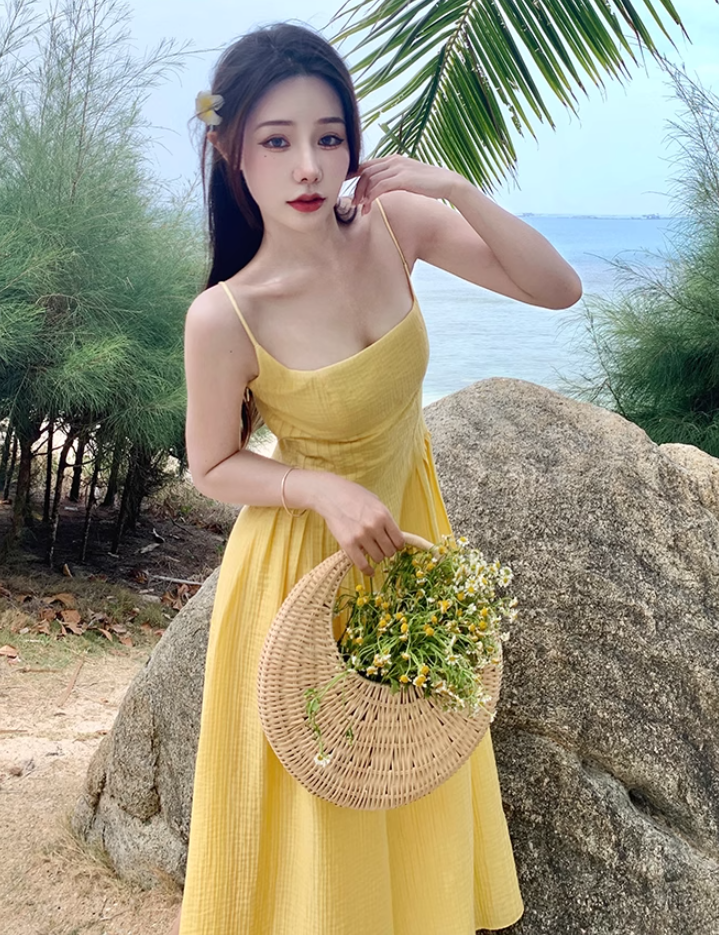 Yellow backless strappy suspender sexy dress seaside holiday long dress waist beach dress R1615