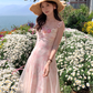 Pink long atmospheric mesh halter dress for women, a summer French retro slimming dress R4788