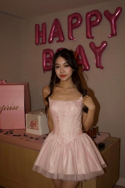 Cute Blush Pink A-Line Spaghetti Straps Embroidery Bodycon Mini Dress Homecoming Dress RS182