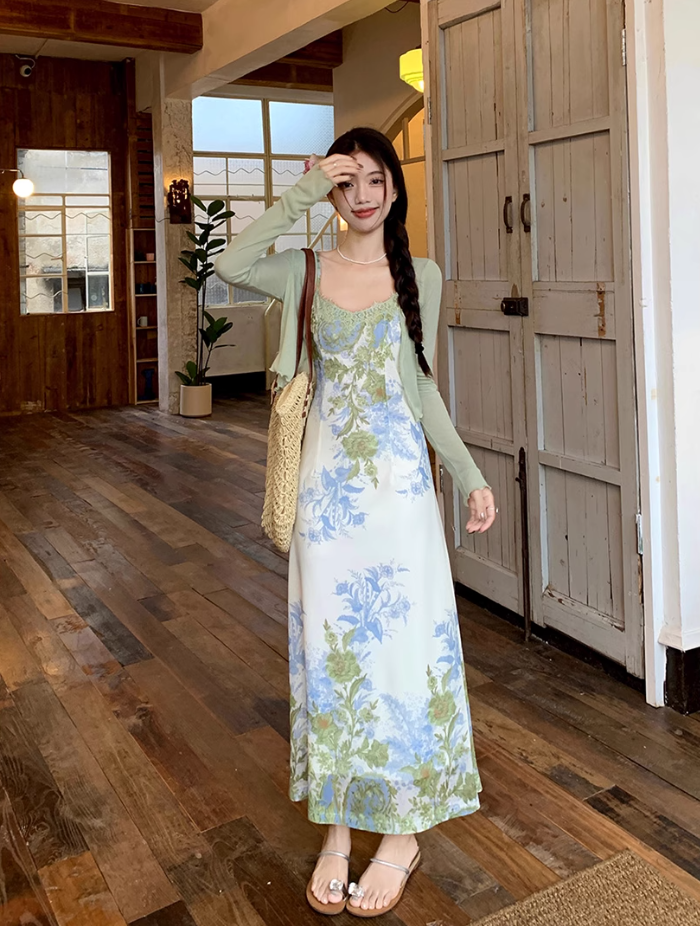 Fairy New Chinese Retro Jacquard Suspender Skirt Flower Long Skirt Tea Break Dress R1759