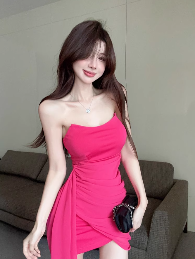 One-shoulder tube top dress niche design ribbon slim hip-hugging small gift skirt R0560