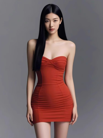 Sexy hot girl pleated tube top dress 2025 sister style waist hip dress R1204