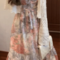 Retro floral suspender dress gentle temperament waist A-line long skirt R0785