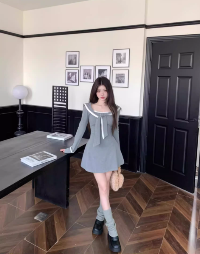 Sweet and spicy navy collar long-sleeved dress 2025 pure desire waist A-line short skirt R1094