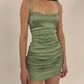 Green Satin Strap Waist Pleated Sexy Short Skirt Homecoming Dress R3206