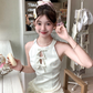 Solid color halter neck sleeveless waist dress summer French temperament retro skirt R4703