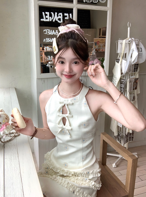 Solid color halter neck sleeveless waist dress summer French temperament retro skirt R4703