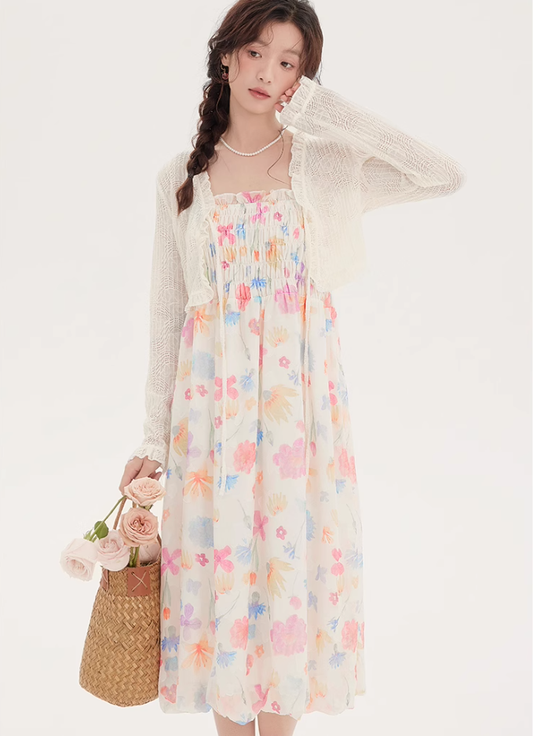 Floral suspender skirt plus cardigan two-piece suit 2025 new French seaside dress R2377