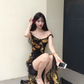 Retro ruffled floral suspender dress temperament waist beach dress R0788
