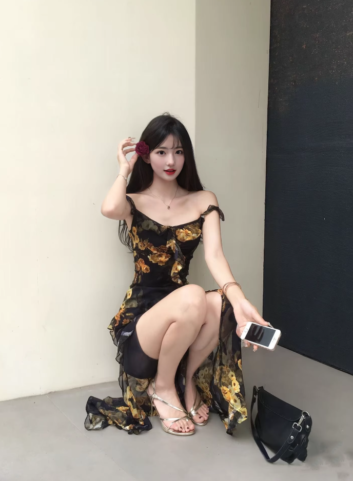 Retro ruffled floral suspender dress temperament waist beach dress R0788