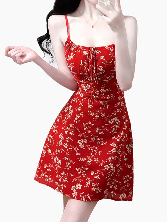2025 Summer New Red Floral Waisted Seaside Vacation Short Suspender Dress R0950