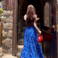 Lace stitching U-neck floral long dress French romantic holiday Klein blue suspender dress R1727