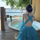 Blue seaside holiday long dress cake dress halter neck backless dress waist beach dress R1589