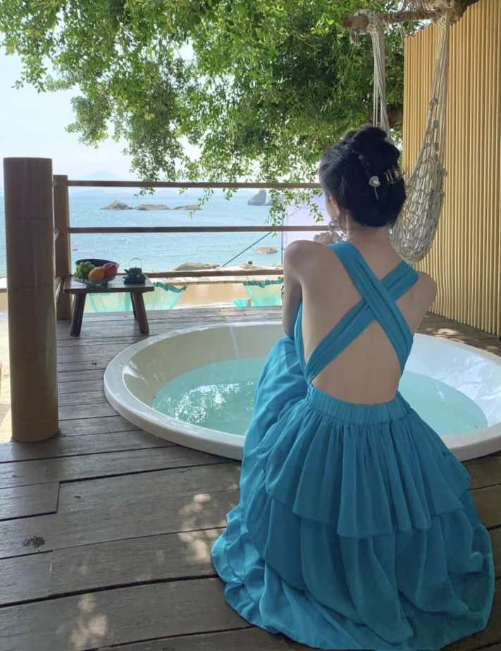 Blue seaside holiday long dress cake dress halter neck backless dress waist beach dress R1589